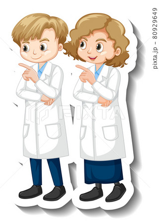 Cartoon character sticker with children in science gown Cartoon character sticker with children in science gown 80929649