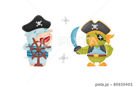 Cute Little Animals Pirates Set Funny Parrot のイラスト素材