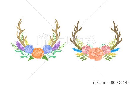 Horns with flowers set. Deer antlers with rose flowers in pastel colors, boho chic style design element cartoon vector illustration 80930545
