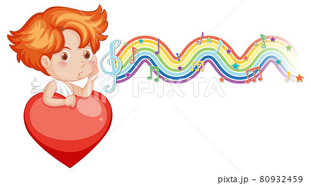 Cupid boy holding heart with melody symbols on rainbow wave Cupid boy holding heart with melody symbols on rainbow wave 80932459
