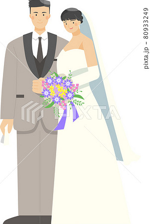 ウェディングドレスとタキシード姿で結婚するアジア人カップルのイラスト素材