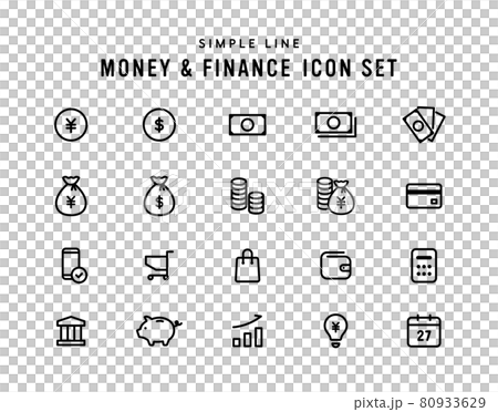 お金や金融のアイコンセット　ビジネス　シンプル　通貨　現金　貨幣　紙幣　札　コイン　銀行　貯金 80933629