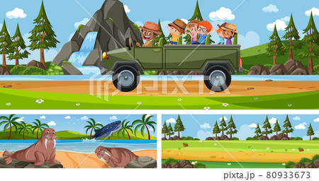 Set of different outdoor landscape scenes with cartoon character 80933673