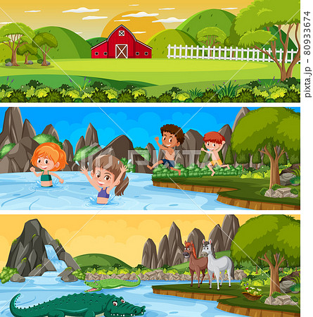 Different nature landscape at daytime scene with cartoon character Different nature landscape at daytime scene with cartoon character 80933674
