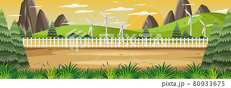 Panorama landscape scene at sunset time with many trees 80933675