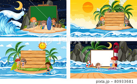 Set of different tropical beach scenes with blank banner 80933681