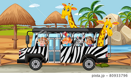 Safari scene at daytime with kids and animals on bus Safari scene at daytime with kids and animals on bus 80933796