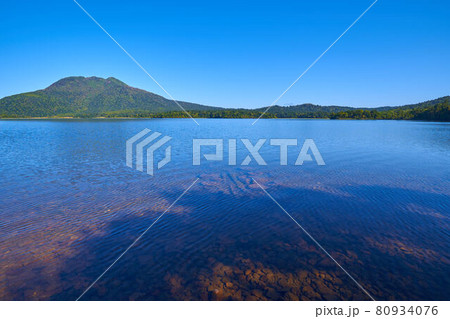 秋の尾瀬 尾瀬沼南岸の湖畔から燧ヶ岳方面 80934076