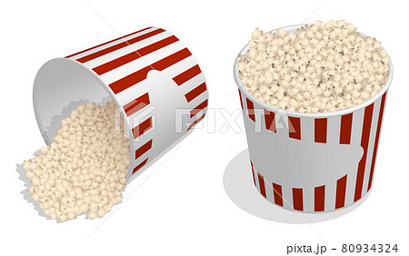Isometric Pack of Popcorn, Bucket of Air Dessert. Leisure at the cinema. Realistic 3D vector isolated on white background 80934324