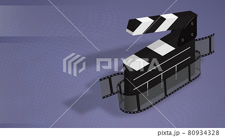 horizontal banner poster with clapperboard and film tape on abstract blue background. Background for premiere of film. Realistic 3d vector horizontal banner poster with clapperboard and film tape on abstract blue background. Background for premiere of film. Realistic 3d vector 80934328