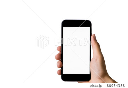 Hand holding smart phone with blank white screen in white background. 80934388