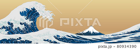 浮世絵風の富士山と大波の背景バナー 80934390