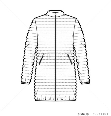 Down puffer coat jacket technical fashion illustration with long sleeves, stand collar, hip length, narrow quilting 80934401