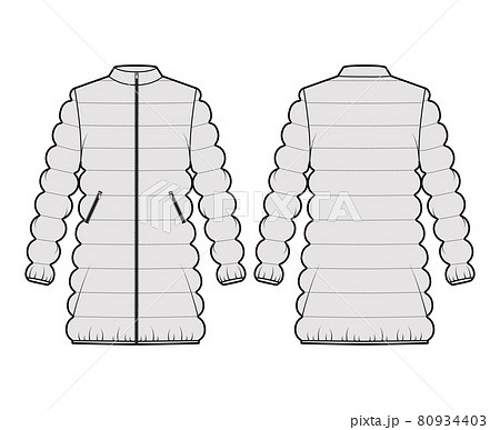 Down puffer coat jacket technical fashion illustration with long sleeves, stand collar, thigh length, classic quilting Down puffer coat jacket technical fashion illustration with long sleeves, stand collar, thigh length, classic quilting 80934403