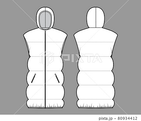 Down vest puffer Hooded waistcoat technical fashion illustration with sleeveless, pockets, hip length, wide quilting 80934412
