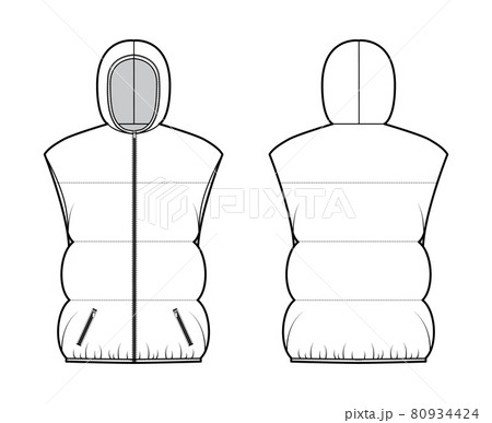 Down vest puffer waistcoat technical fashion illustration with hoody collar, zip-up closure, hip length, wide quilting Down vest puffer waistcoat technical fashion illustration with hoody collar, zip-up closure, hip length, wide quilting 80934424
