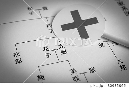 家系図とバツ印　配偶者　夫婦　親子　×　相続　争族 80935066