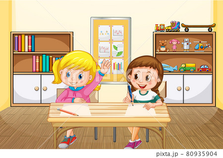 Scene with two girls studying in the classroom 80935904
