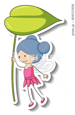 Sticker template with a fairy cartoon character holding a leaf isolated 80935906