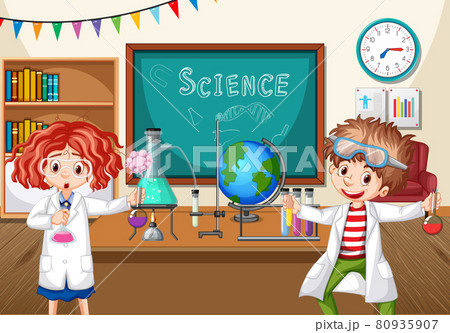 Two young scientists doing chemistry experiment in the classroom 80935907