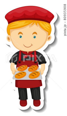 Sticker template with a baker boy holds baked tray isolated 80935908
