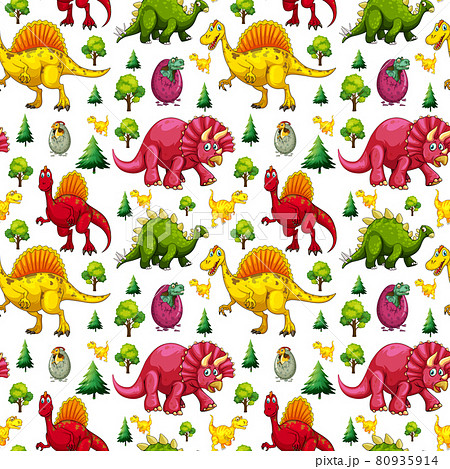 Seamless pattern with various cute dinosaurs and nature element on white background 80935914
