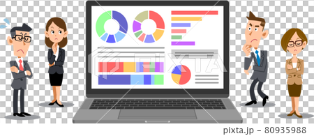 A business person thinking around a laptop with data displayed 80935988