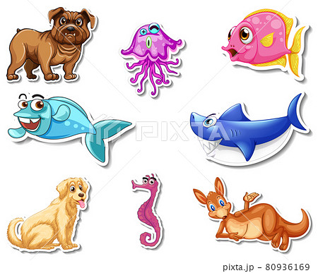 Set of stickers with sea animals and dogs cartoon character 80936169