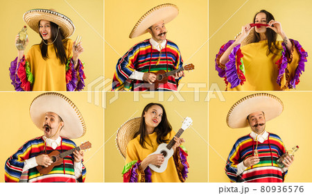 Collage of young people, man and woman in mexican clothes isolated over yellow background Collage of young people, man and woman in mexican clothes isolated over yellow background 80936576