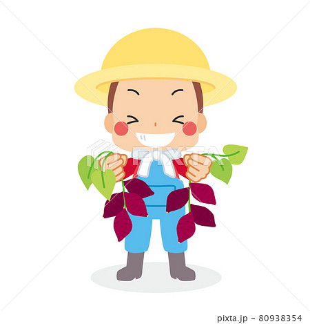 芋掘りで沢山のサツマイモを収穫して大満足の可愛い小さな男の子のイラスト 白背景 秋の味覚のイラスト素材