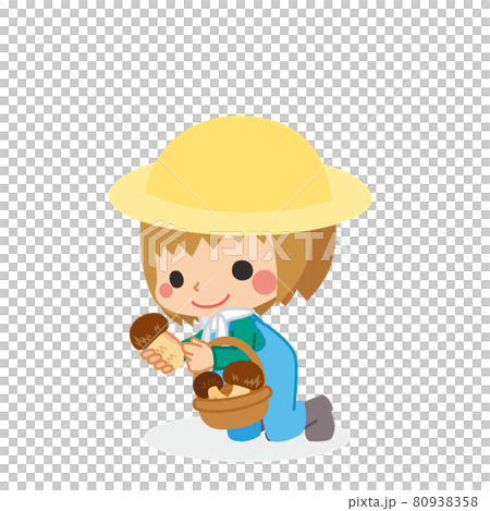 Illustration of a cute little girl enjoying mushroom hunting White background Autumn taste 80938358