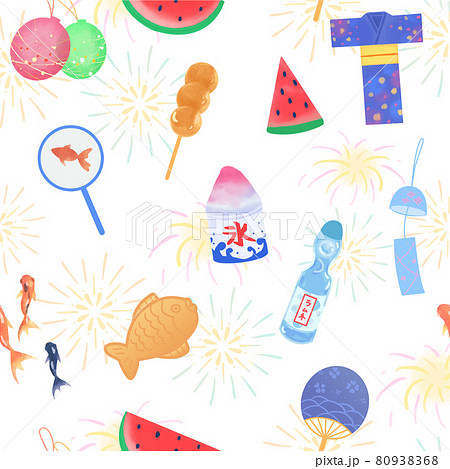 Seamless pattern with hand drawn cute Japanese Summer Festival Elements with fireworks 80938368