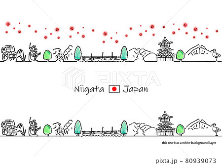 新潟県の観光地の街並みと新型コロナウイルスのシンプル線画セット 新潟県の観光地の街並みと新型コロナウイルスのシンプル線画セット 80939073