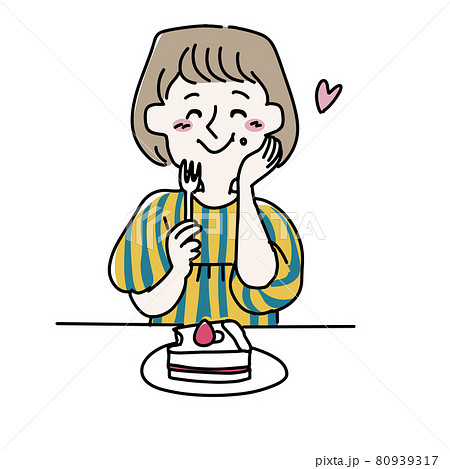 ケーキを美味しそうに食べている女性のイラスト素材