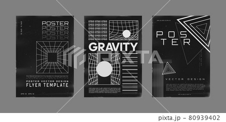 Set of retrofuturistic design posters. Cyberpunk 80s style posters with perspective grid tunnel, gravity visualization, triangle shapes. Shabby scratched flyer design. Vector Set of retrofuturistic design posters. Cyberpunk 80s style posters with perspective grid tunnel, gravity visualization, triangle shapes. Shabby scratched flyer design. Vector 80939402