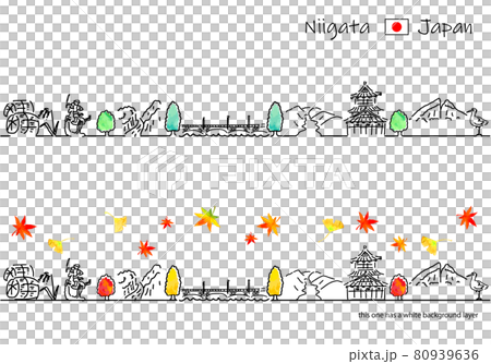 Simple line drawing set of cityscape of sightseeing spots in Niigata prefecture in autumn 80939636