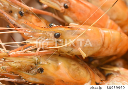 grilled river shrimp arranging with fresh lettuce on bowl dipping spicy sauce 80939960