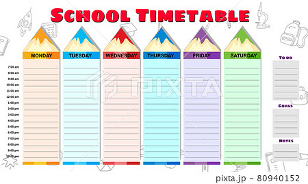 School Timetable weekly, hand drawn sketch icons of school supplies, pencils. Vector template schedule, cartoon style 80940152