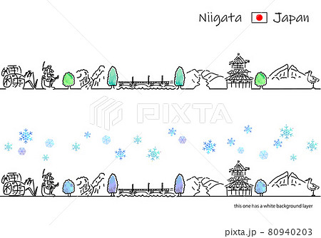 冬の新潟県の観光地の街並みのシンプル線画セット 80940203