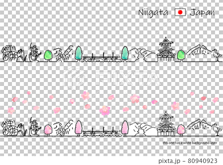 春の新潟県の観光地の街並みのシンプル線画セット 80940923