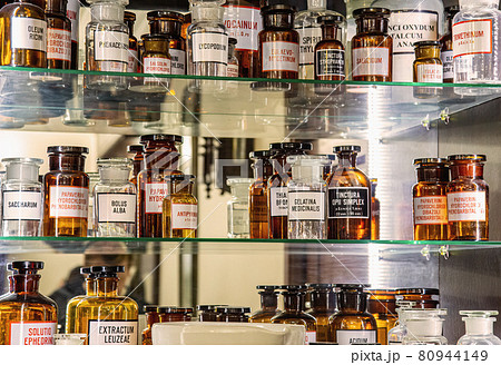 Bottles with drugs from old medical, chemical and pharmaceutical glass. Chemistry and pharmacy history concept background. Retro style. Chemical substances 80944149