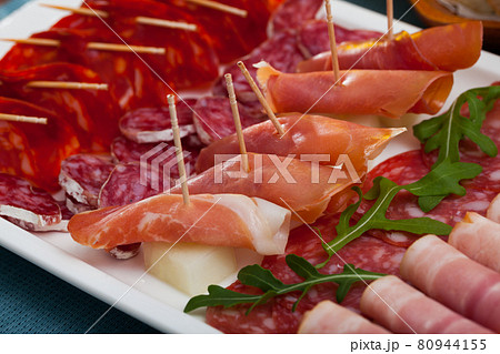 Spanish sausage sliced - chorizo, fuet, jamon, salami, bacon Spanish sausage sliced - chorizo, fuet, jamon, salami, bacon 80944155