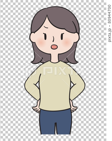 腰に手を当てて怒るポーズの私服女性のイラスト素材