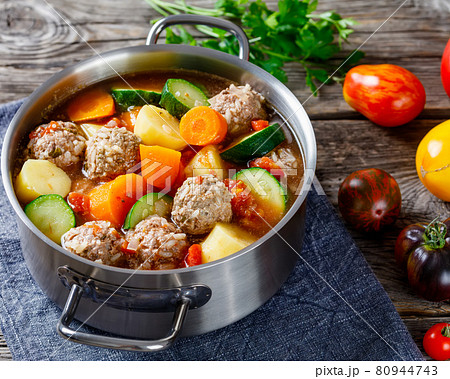 hot mexican meatball vegetable soup, top view hot mexican meatball vegetable soup, top view 80944743