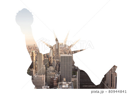 Double exposure of Manhattan skyline in new york city with statue of liberty silhouette 80944841