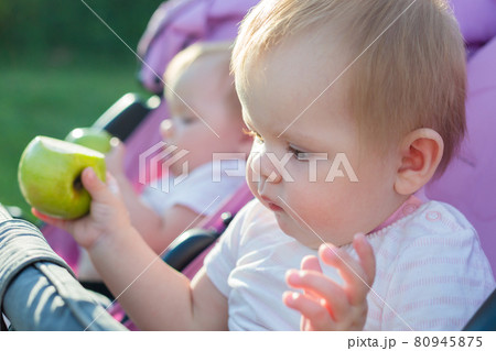 Two hungry little twin girls in a stroller with apples in their hand 80945875
