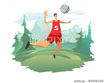 A man playing volleyball on the background of a mountain landscape. A volleyball player hits the ball. Outdoor activities, vector illustration. 80946106