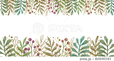水彩風 ナチュラルな植物の素材ベクターイラスト フレーム上下セット 飾り枠のイラスト素材