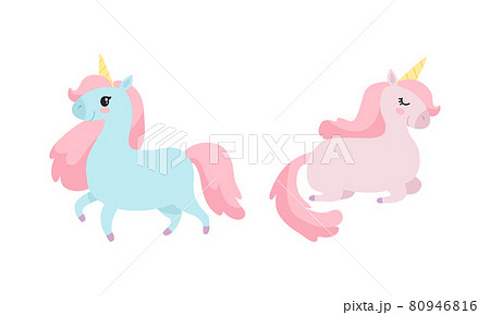 Cute Unicorn Character with Pointed Spiraling Horn and Mane Sleeping and Walking Vector Set Cute Unicorn Character with Pointed Spiraling Horn and Mane Sleeping and Walking Vector Set 80946816