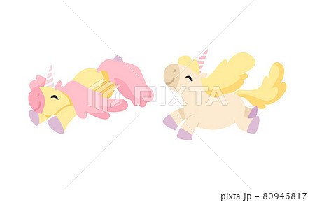 Cute Unicorn Character with Pointed Spiraling Horn and Mane Vector Set 80946817